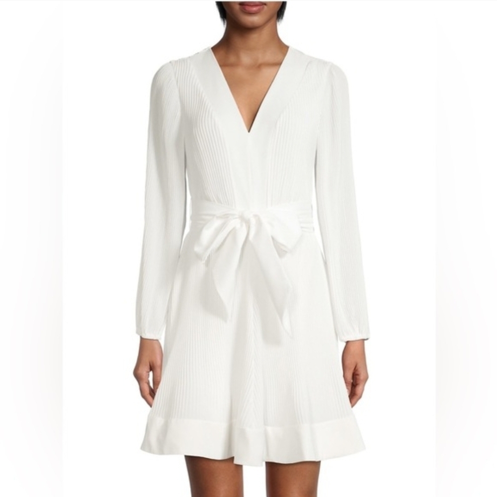 Milly Liv Long-Sleeve V-Neck Pleated Belted Mini Dress, Small